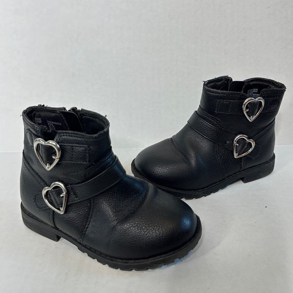 Black Silver Size 8 Kids Girls Lil Natalie Heart Buckled Moto Ankle Boot Bootie - Picture 5 of 11